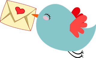 a cute blue bird carrying a letter with a heart on it