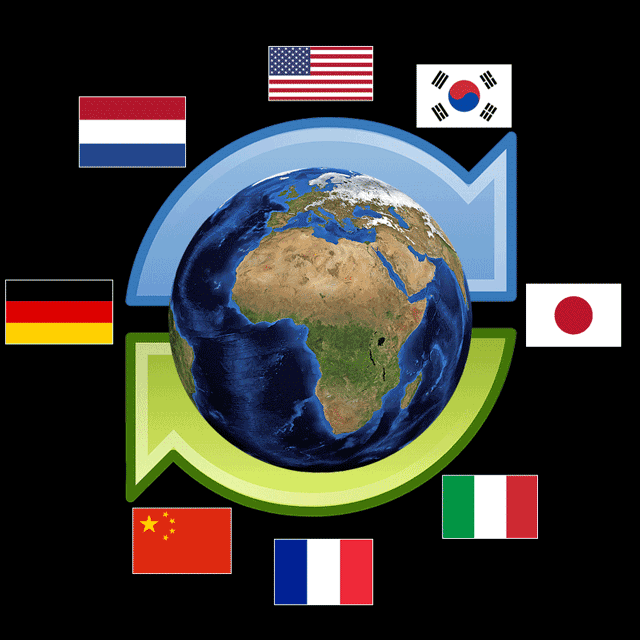 earth with arrows around and multiple country flags to represent localization and translation of apps