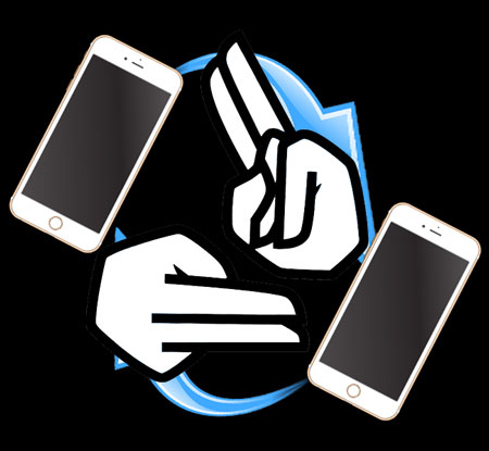 gloved white hands showing translation in sign language with smartphones on either side. This is the symbol of illuster consultants localization and translation of apps service