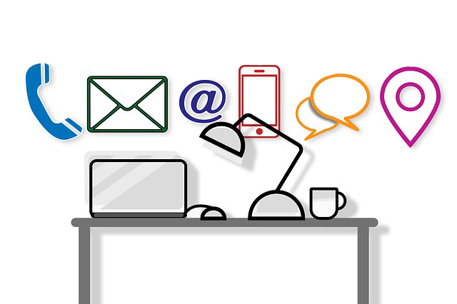 Clipart image of laptop, and light on the table. And icons of smartphone, phone, and instant messaging.